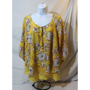 Unique Spectrum Yellow Floral Flare S/S Top Women's 2X Tassels Lace Hem Pullover